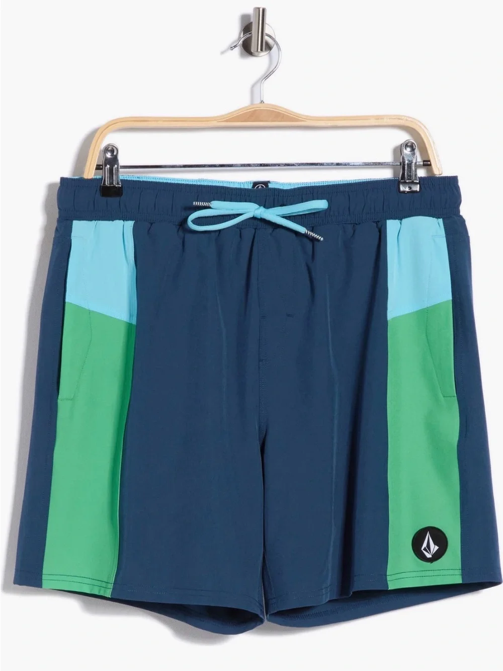 Volcom Men’s Navy Swim Trunks with Green & Light Blue Panels